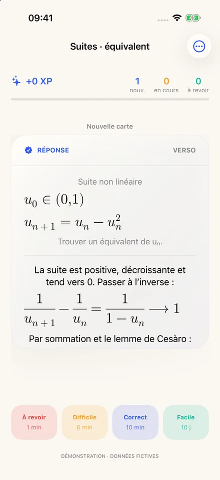 Une carte de mathématiques : la question, puis la réponse démontrée, profil fictif