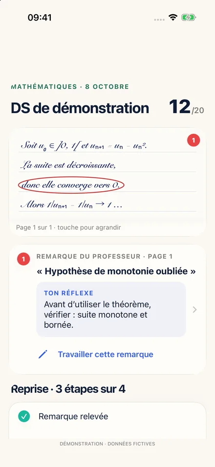 Une copie annotée et le réflexe tiré d’une remarque, profil fictif