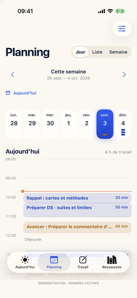 Le planning du jour, heure par heure, profil fictif