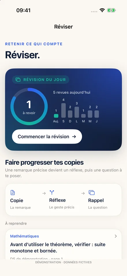 Réviser : la révision du jour et les copies à faire progresser, profil fictif