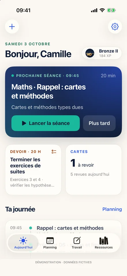 L’écran Aujourd’hui : la séance du moment, le devoir, les cartes et la journée, profil fictif